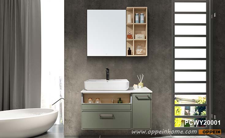 Green Lacquer and Wood Grain Bathroom Cabinet