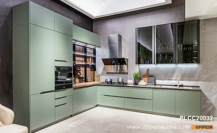 Green Lacquer Kitchen Cabinet with Handleless Design PLCC20032