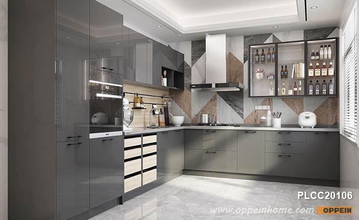 Grey Modern Glossy UV Lacquer Kitchens with an L-shaped Design PLCC20106