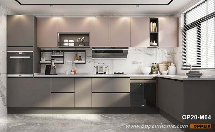 Handleless Modern Grey Melamine Kitchens With Simple Designs OP20-M04