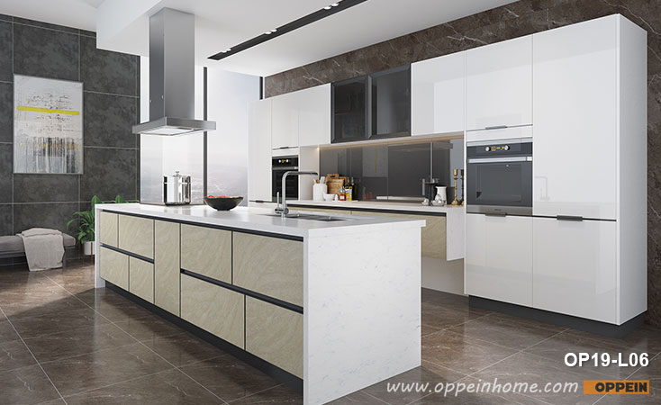 High Gloss White Lacquer Kitchen With Island OP19-L06