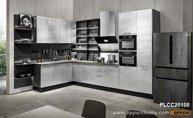 L-shaped Grey Metal Foil Kitchen Cabinet PLCC20100
