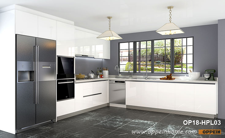 L-Shaped Laminate White Kitchen Cabinets OP18-HPL03
