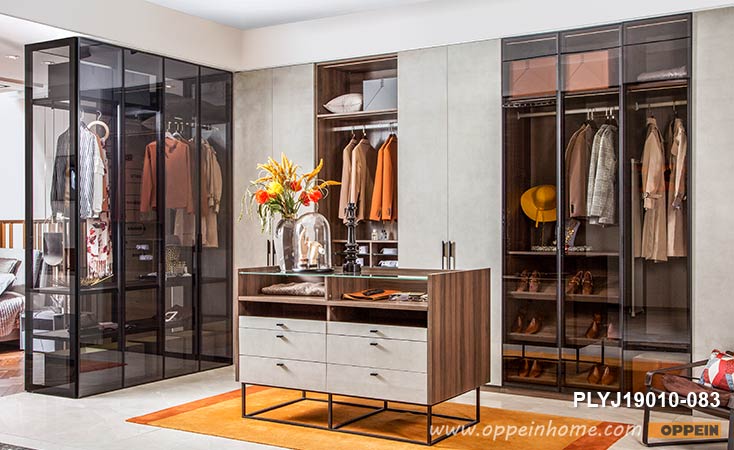 Modern Fashion Wood Grain With Glass Walk In Closet PLYJ19010-083