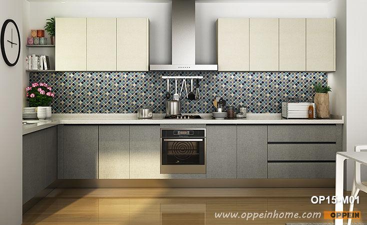 Modern Melamine Kitchen Cabinet in White and Grey Color OP15-M01