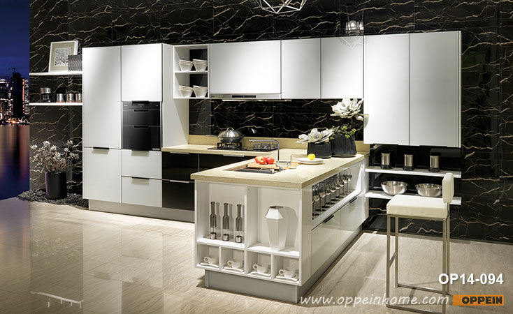 Modern White Kitchen Cabinet with Glass Door OP14-094