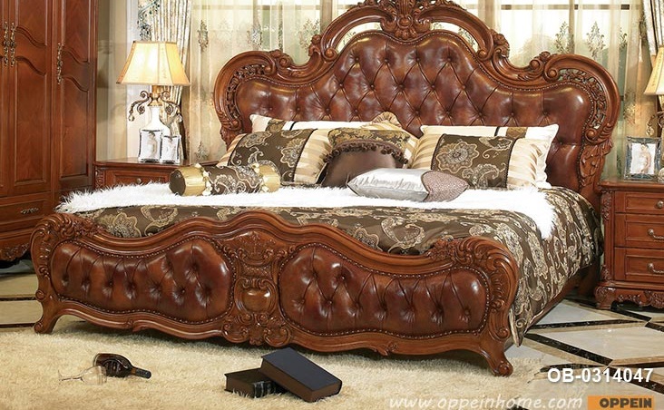 Luxury and Traditional Solid Wood Bed With Brown Leather OB-0314047