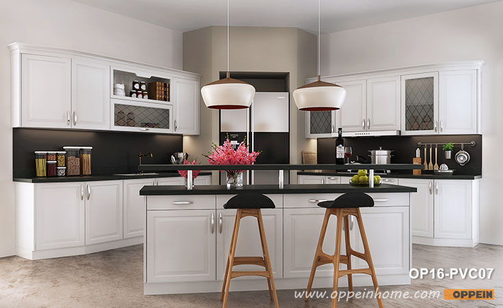 European Style White Kitchen Cabinet OP16-PVC07