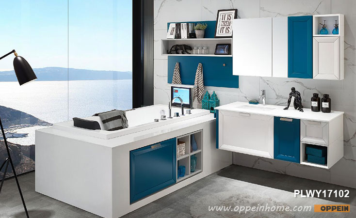 Transitional Blue Lacquer Bathroom Vanity
