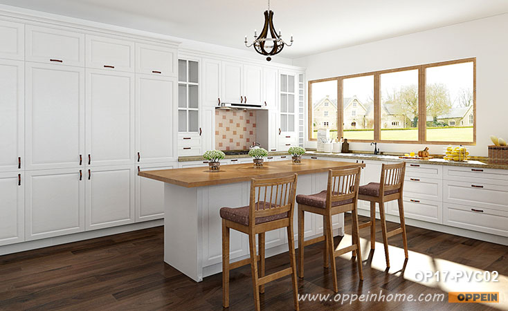 Transitional White L Shaped Kitchen with Island OP17-PVC02